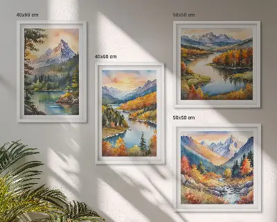 Mountain landscape wall art set of 4 pieces featuring a river