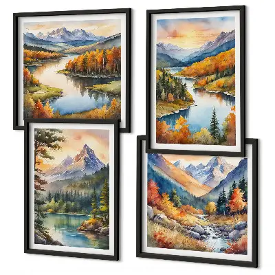 Mountain landscape wall art set of 4 pieces featuring a river