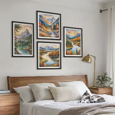 Mountain landscape wall art set of 4 pieces featuring a river