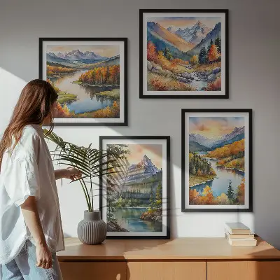 Mountain landscape wall art set of 4 pieces featuring a river