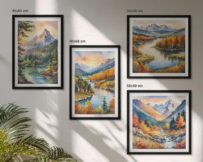 Mountain landscape wall art set of 4 pieces featuring a river