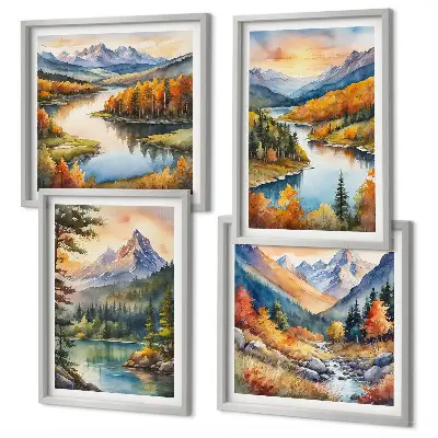 Mountain landscape wall art set of 4 pieces featuring a river