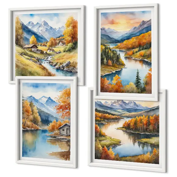 Autumn mountains river cottage wall art set of 4 pieces