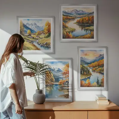 Autumn mountains river cottage wall art set of 4 pieces