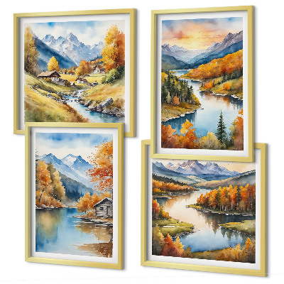 Set of 4 wall art pieces Autumn mountains river cottage