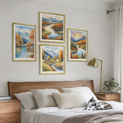 Autumn mountains river cottage wall art set of 4 pieces