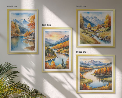 Set of 4 wall art pieces Autumn mountains river cottage