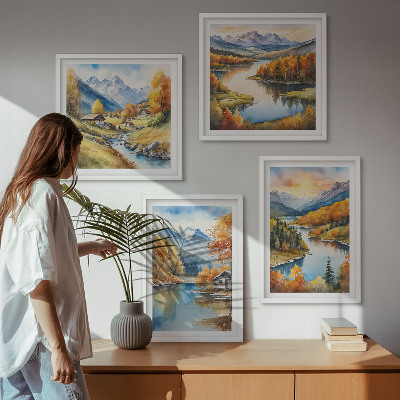 Set of 4 wall art pieces Autumn mountains river cottage