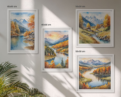 Set of 4 wall art pieces Autumn mountains river cottage