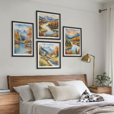 Set of 4 wall art pieces Autumn mountains river cottage