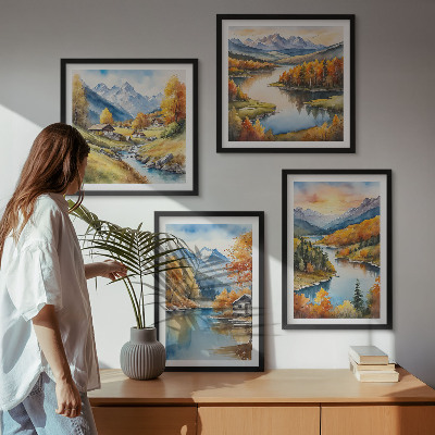 Set of 4 wall art pieces Autumn mountains river cottage