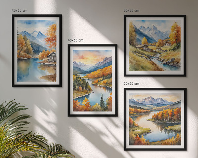 Set of 4 wall art pieces Autumn mountains river cottage