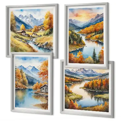 Autumn mountains river cottage wall art set of 4 pieces