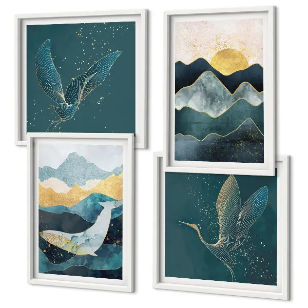 Wall art set featuring abstract crane and mountains design