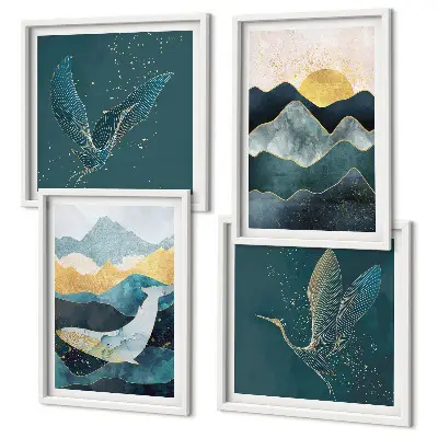 Wall art set featuring abstract crane and mountains design