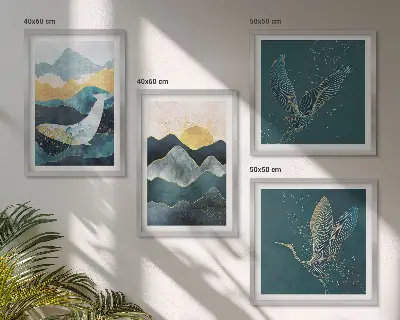 Wall art set featuring abstract crane and mountains design