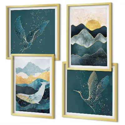 Wall art set featuring abstract crane and mountains design