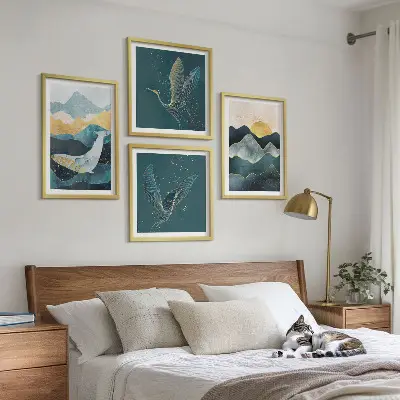 Wall art set featuring abstract crane and mountains design
