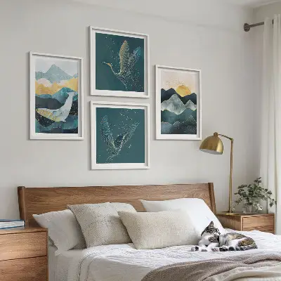 Wall art set featuring abstract crane and mountains design