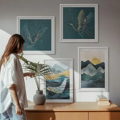 Wall art set featuring abstract crane and mountains design