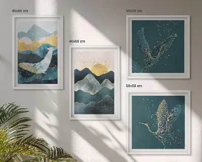 Wall art set featuring abstract crane and mountains design