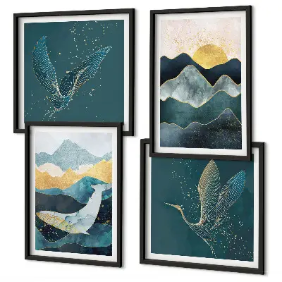 Wall art set featuring abstract crane and mountains design