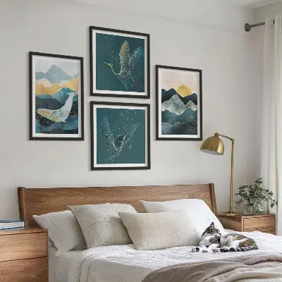 Wall art set featuring abstract crane and mountains design