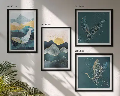 Wall art set featuring abstract crane and mountains design