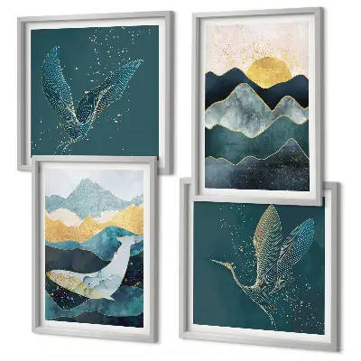 Wall art set featuring abstract crane and mountains design