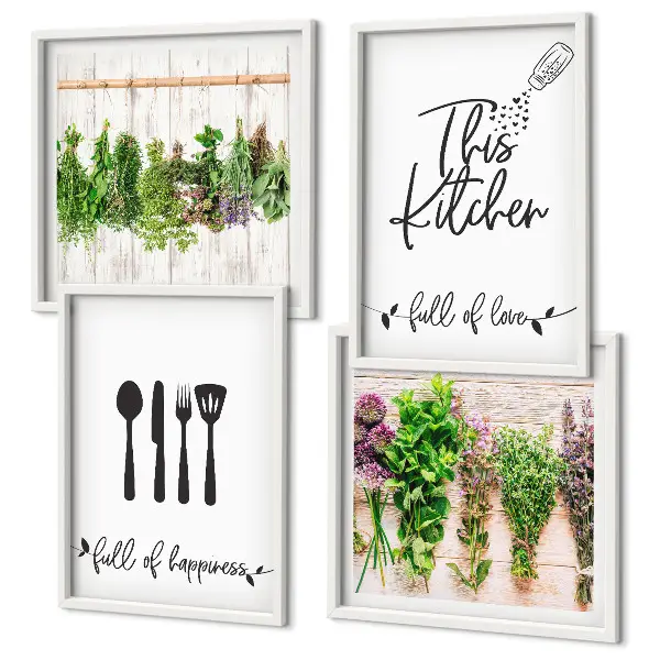 Multi-piece wall art set featuring kitchen herb and plant inscriptions