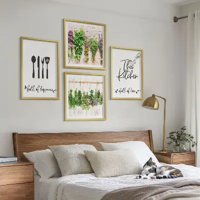 Multi-piece wall art set featuring kitchen herb and plant inscriptions