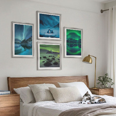 Set of 4 wall art pieces Winter landscape with aurora