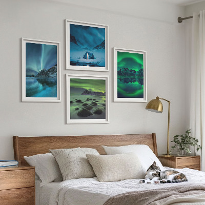 Set of 4 wall art pieces Winter landscape with aurora
