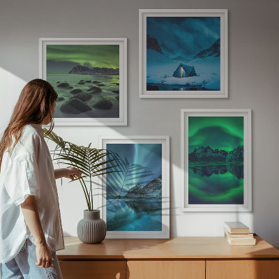 Set of 4 wall art pieces Winter landscape with aurora
