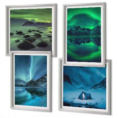 Set of 4 wall art pieces Winter landscape with aurora
