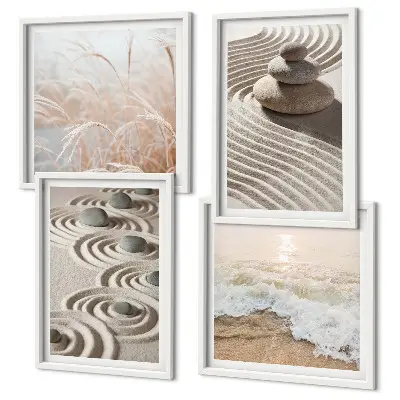 Wall art set featuring waves, sand, water, and beach stones