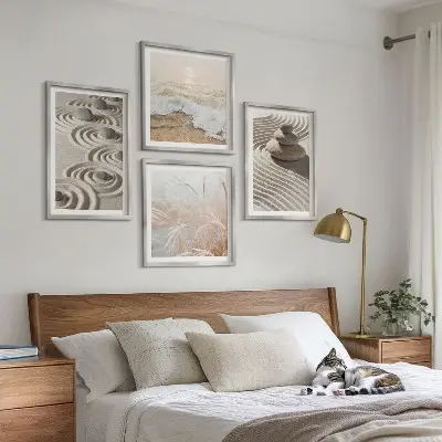 Wall art set featuring waves, sand, water, and beach stones