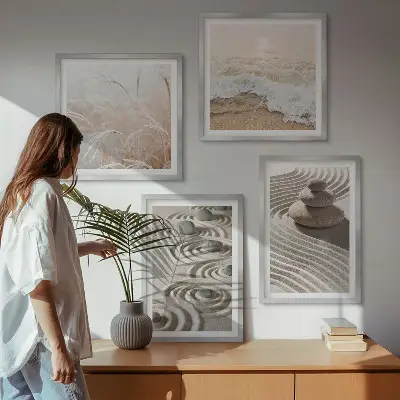 Wall art set featuring waves, sand, water, and beach stones