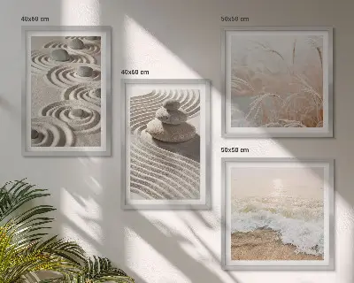 Wall art set featuring waves, sand, water, and beach stones