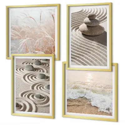 Wall art set featuring waves, sand, water, and beach stones