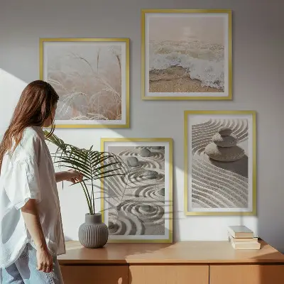 Wall art set featuring waves, sand, water, and beach stones