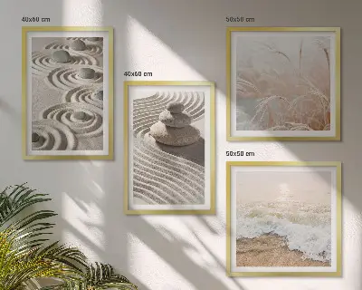 Wall art set featuring waves, sand, water, and beach stones