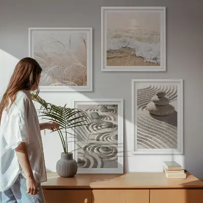 Wall art set featuring waves, sand, water, and beach stones