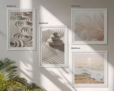 Wall art set featuring waves, sand, water, and beach stones