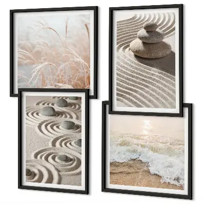 Wall art set featuring waves, sand, water, and beach stones