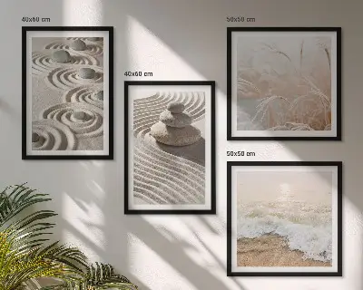 Wall art set featuring waves, sand, water, and beach stones