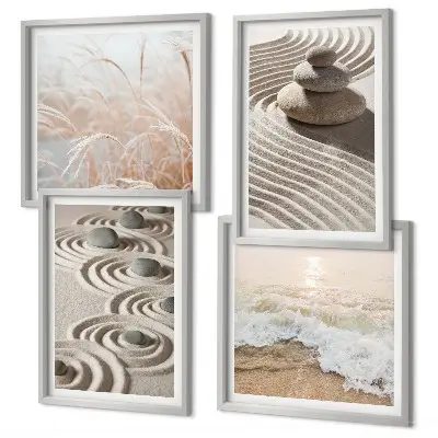 Wall art set featuring waves, sand, water, and beach stones