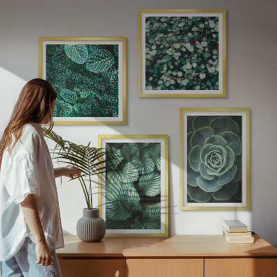 Set of 4 wall art pieces Green succulent leaves