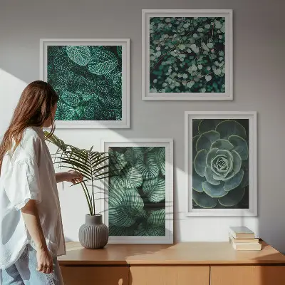 Green succulent leaves wall art set of 4 pieces
