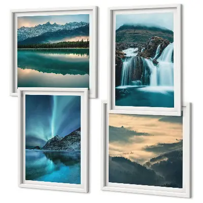 Set of 4 wall art pieces winter landscapes featuring waterfalls and aurora